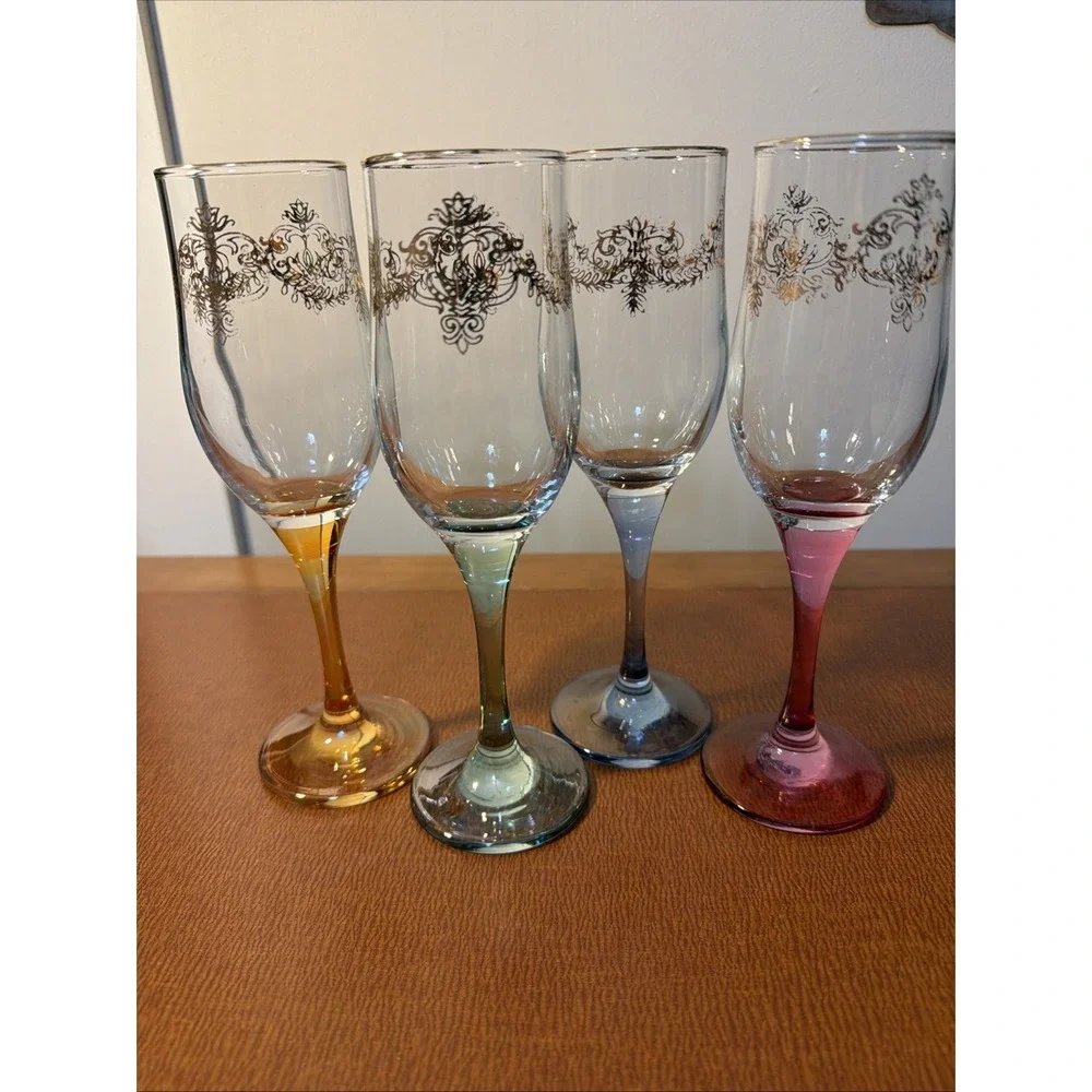 Vtg Champagne Toasting Flutes Colored Iridescent Stem Gold Trim Wedding Set Of 4